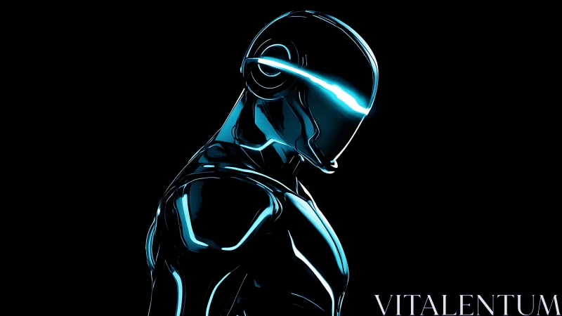 Neon-edged cybernetic humanoid profile in glossy black armor