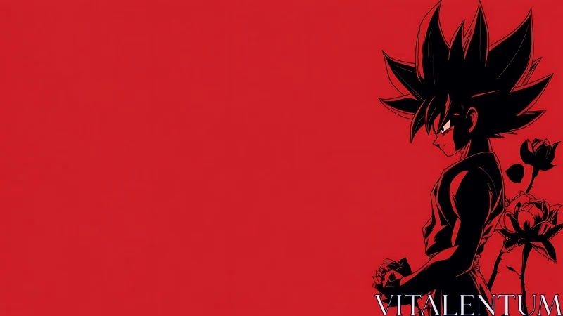 Silhouetted spiky-haired warrior profile on red ground with roses.