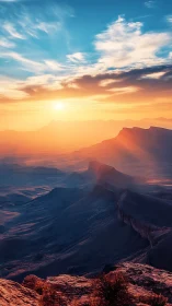 Sunlit desert ridge recedes under luminous stratified clouds