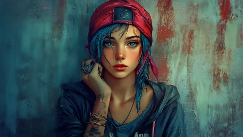 Digital portrait of blue haired girl in red cap against wall