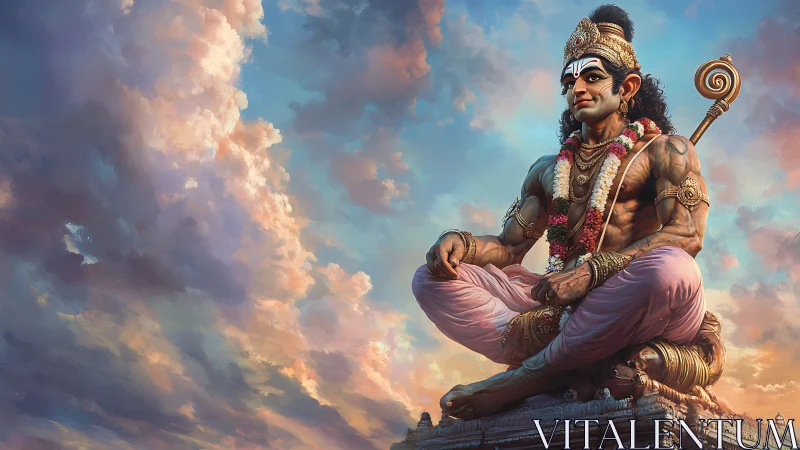 Heroic Hanuman statue in dynamic cloudscape with detailed shading