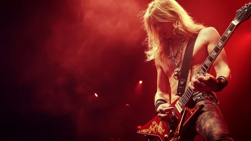 Photorealistic rock guitarist under red stage lighting focus.