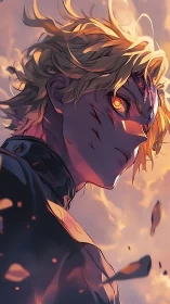 Scarred fire-eyed warrior rises in molten dusk light.