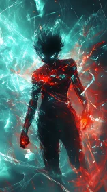 Energy-infused silhouette strides through teal and red storm