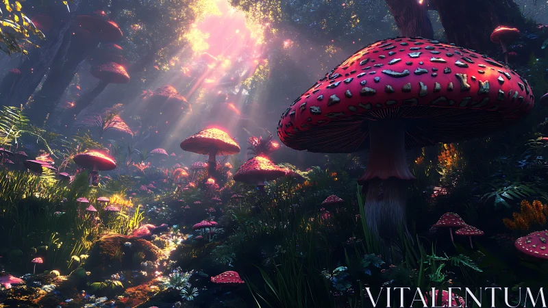 Luminous red mushroom forest under radiant sunbeams.
