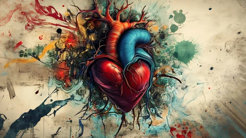 Surreal anatomical heart exploding through abstract color.