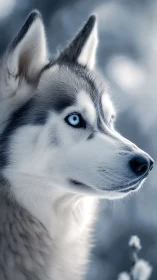 Siberian husky portrait with intense icy blue eyes.