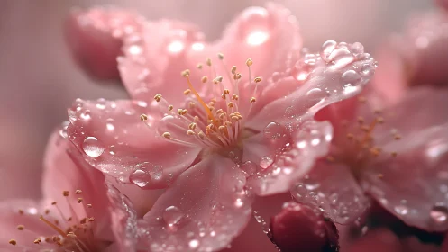 Pink Flower Petals with Morning Dew Droplets. Macro.