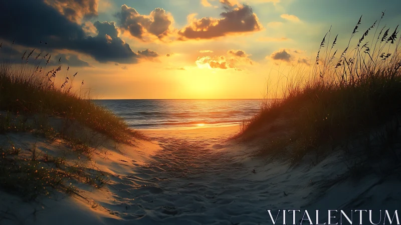 Low-angle coastal dune path frames high-dynamic-range sunset