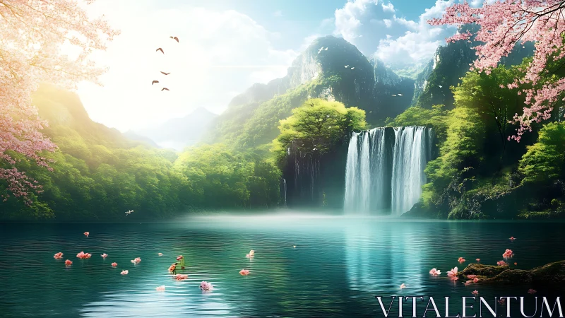 Luminous mountain waterfall lagoon with drifting cherry petals.