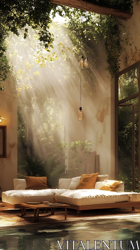 Sunlit jungle lounge merges indoor comfort with nature.