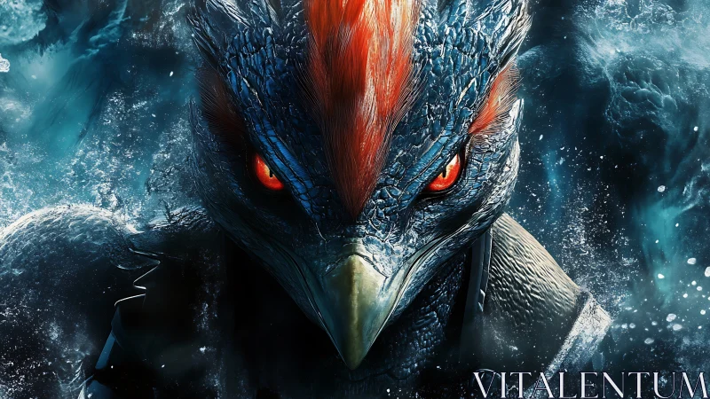 Fierce humanoid bird warrior in dramatic digital fantasy art.