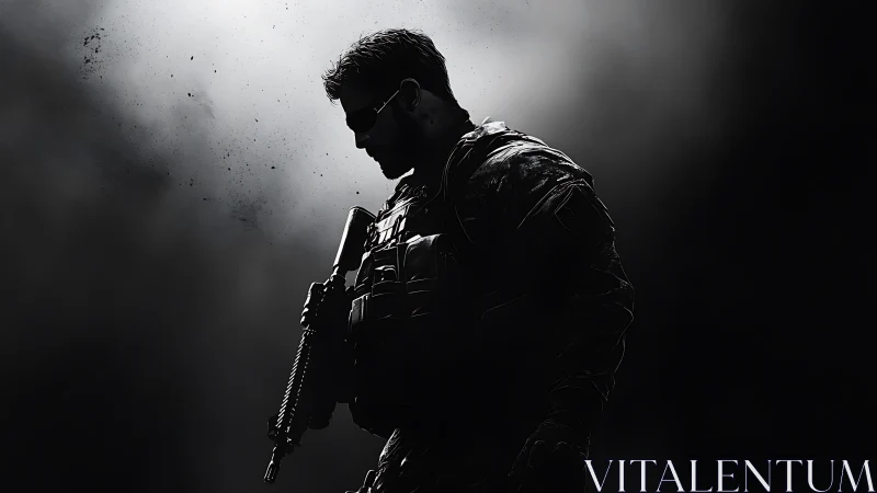 Tactical soldier silhouette holds rifle in dramatic backlight.
