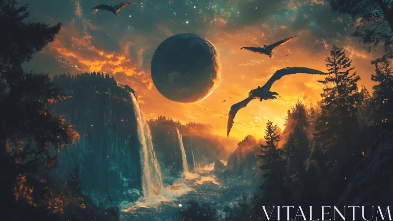 Draconic silhouettes over twin falls under burning planet.