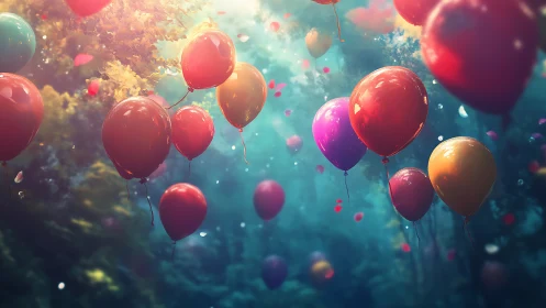 Colorful helium balloons drifting through sunlit forest.
