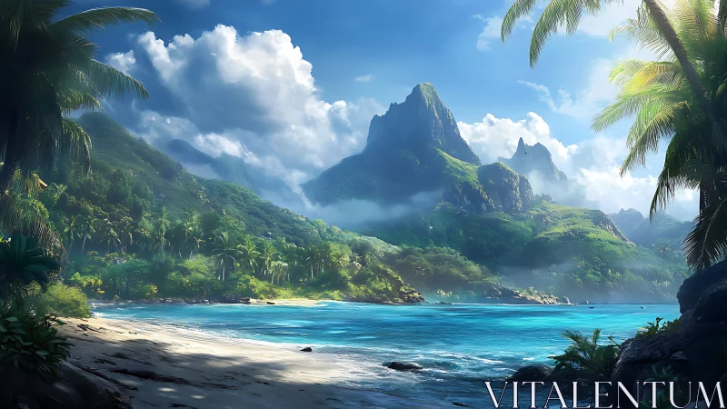 Tropical island valley with volcanic peaks and clear waters