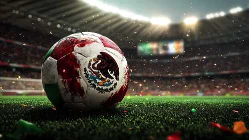 Mexico national flag soccer ball on stadium pitch under lights.