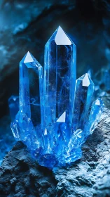 Luminescent blue crystal cluster with faceted prismatic towers.