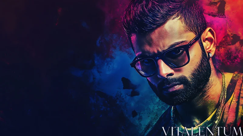 Neon-lit bearded portrait burns through an electric night haze