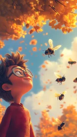 Autumn backlit child observing bees in shallow depth of field scene