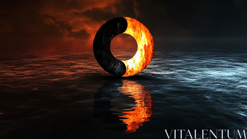 Fiery yin yang ring over reflective dark ocean horizon.