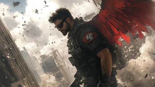 Red-winged urban guardian pauses amid swirling city ruins