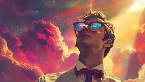 Man in sunglasses against colorful cosmic sky backdrop.