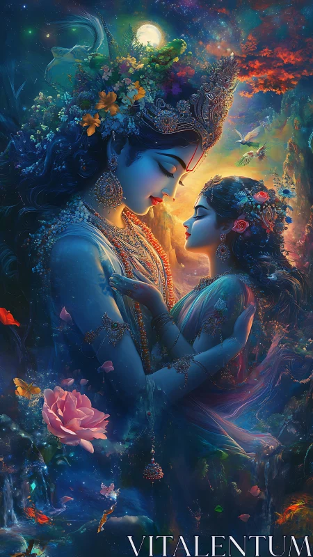 Divine couple in luminous celestial embrace at night.