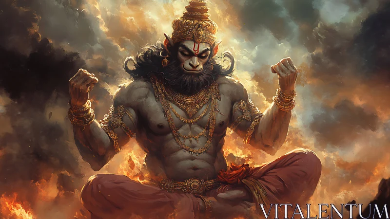 Mythic warrior deity levitates in blazing storm-lit ambiance