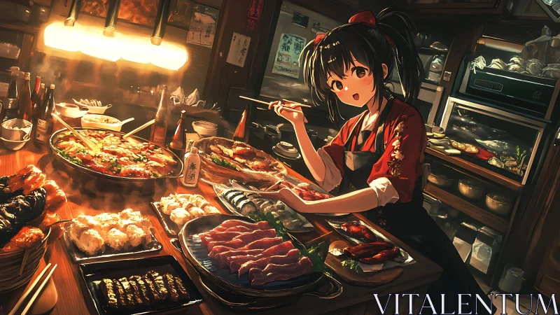 Anime sushi chef plating assorted sashimi under warm lights.