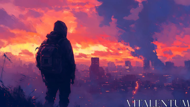 Hooded urban wanderer overlooking neon dusk city skyline