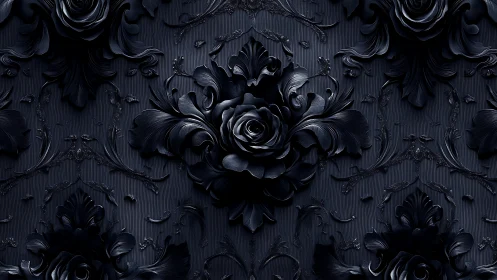 Midnight baroque roses in sculpted ornamental relief pattern.