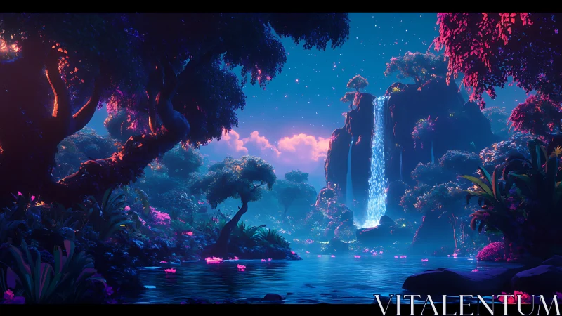 Luminescent jungle waterfall glows under a tranquil night sky