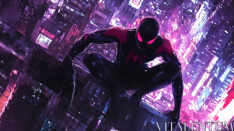 Neon-lit vigilante poised above futuristic cityscape at night.