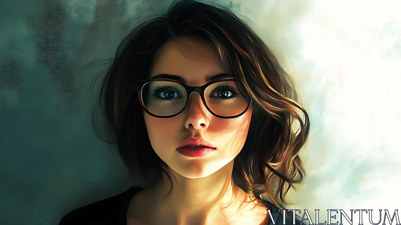 Digital portrait depicts young woman with glasses in soft light