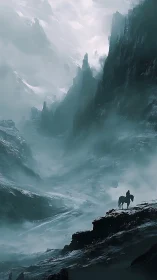 Solitary rider traverses glacial canyon beneath monolithic cliffs