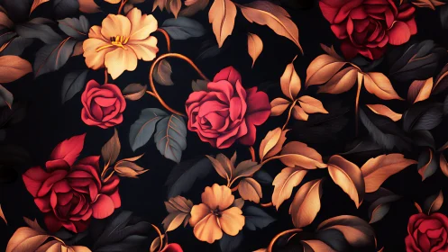 Red and apricot roses bloom against a dark background with dimensional leaves.