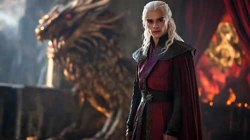 Silver haired warrior stands before blazing dragon throne