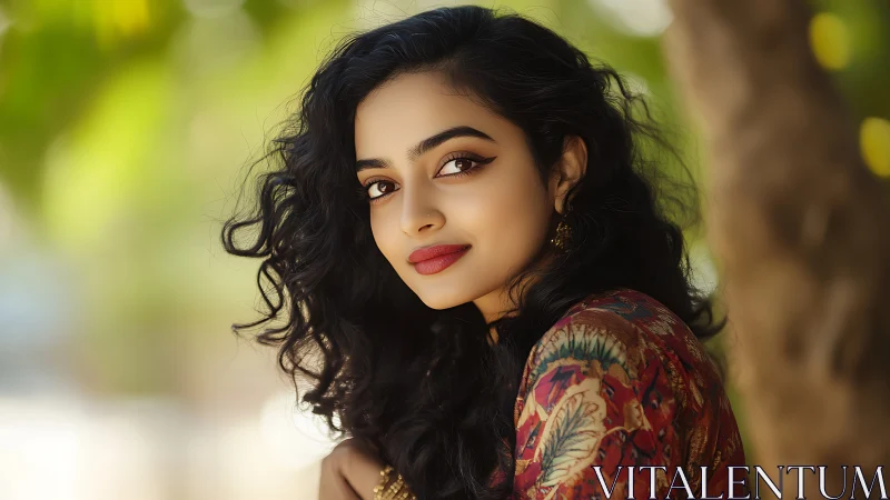Portrait of a Woman with Curly Hair in Vibrant Outdoor Setting.