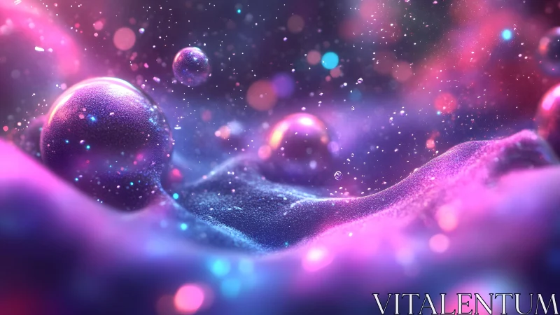 Vibrant Abstract Space Scene with Glowing Spheres and Particles.