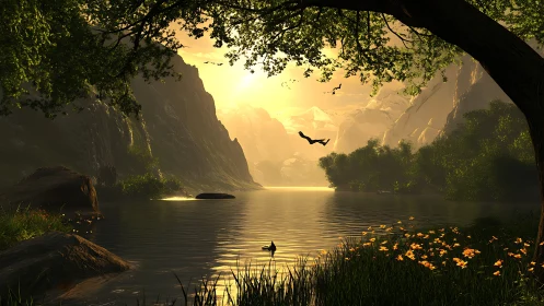 Golden valley lake dreaming under soaring twilight birds.