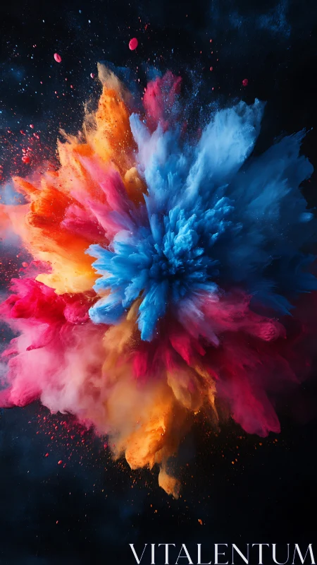 Multicolor powder burst suspended against dark backdrop.