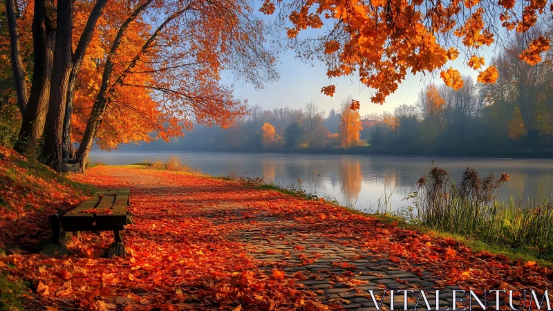 Lakeside path covered in vivid autumn leaves at sunrise.