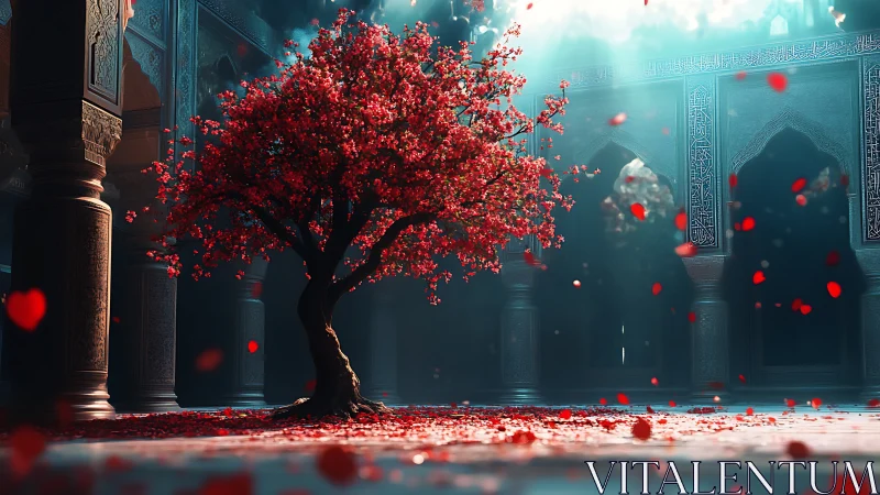 Sacred courtyard tree under volumetric teal light bloom.