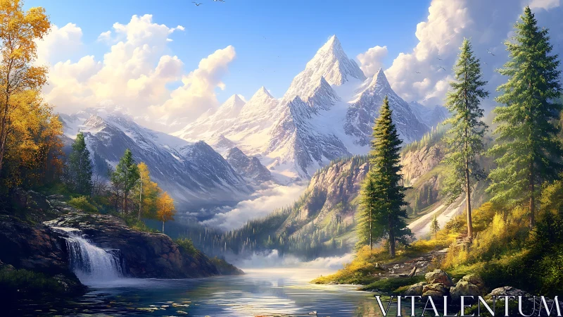 Snowy mountain landscape with lake, forest and waterfall.