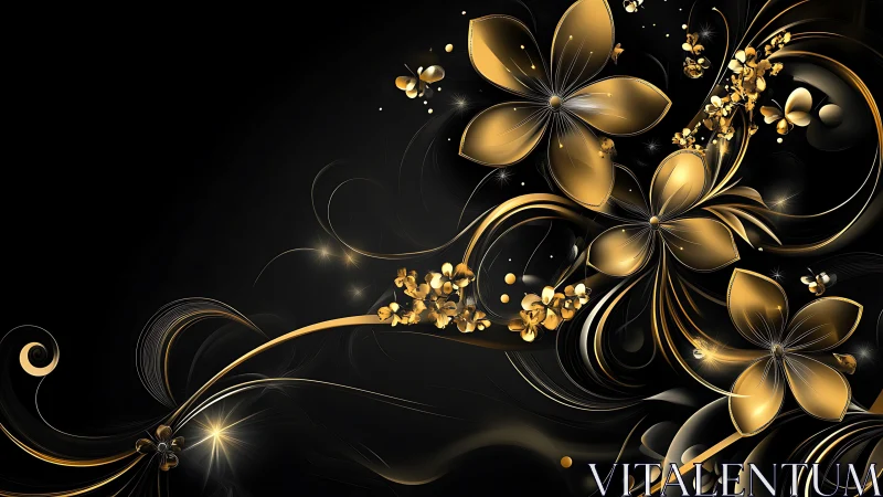 Golden Floral Composition on Black Background with Swirl Motifs.