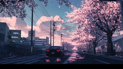 Car drives under glowing cherry blossoms at pastel sunset