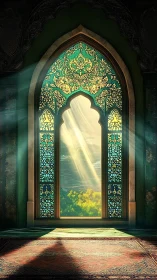 Sunlit arabesque window frames pastoral valley landscape