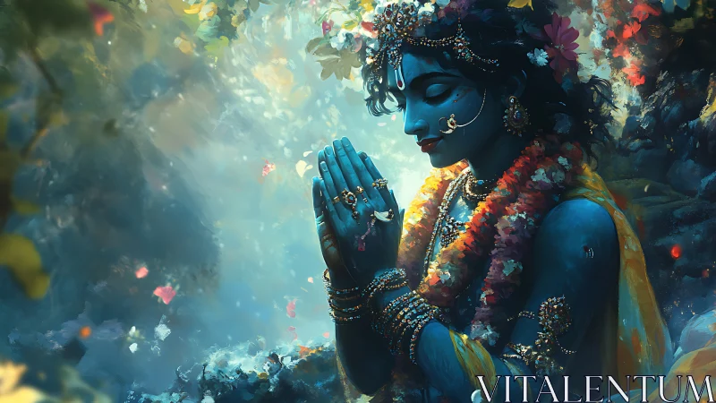 Blue-skinned figure in ornate prayerful forest scene.