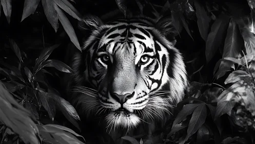 Steady tiger gaze emerges softly from deep jungle shadows